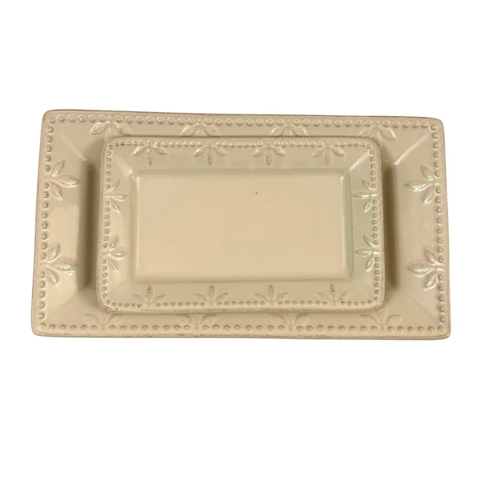 Sorrento Signature Embossed Cream Serving Platters Set 2 11.75" & 8.5" - Picture 2 of 11